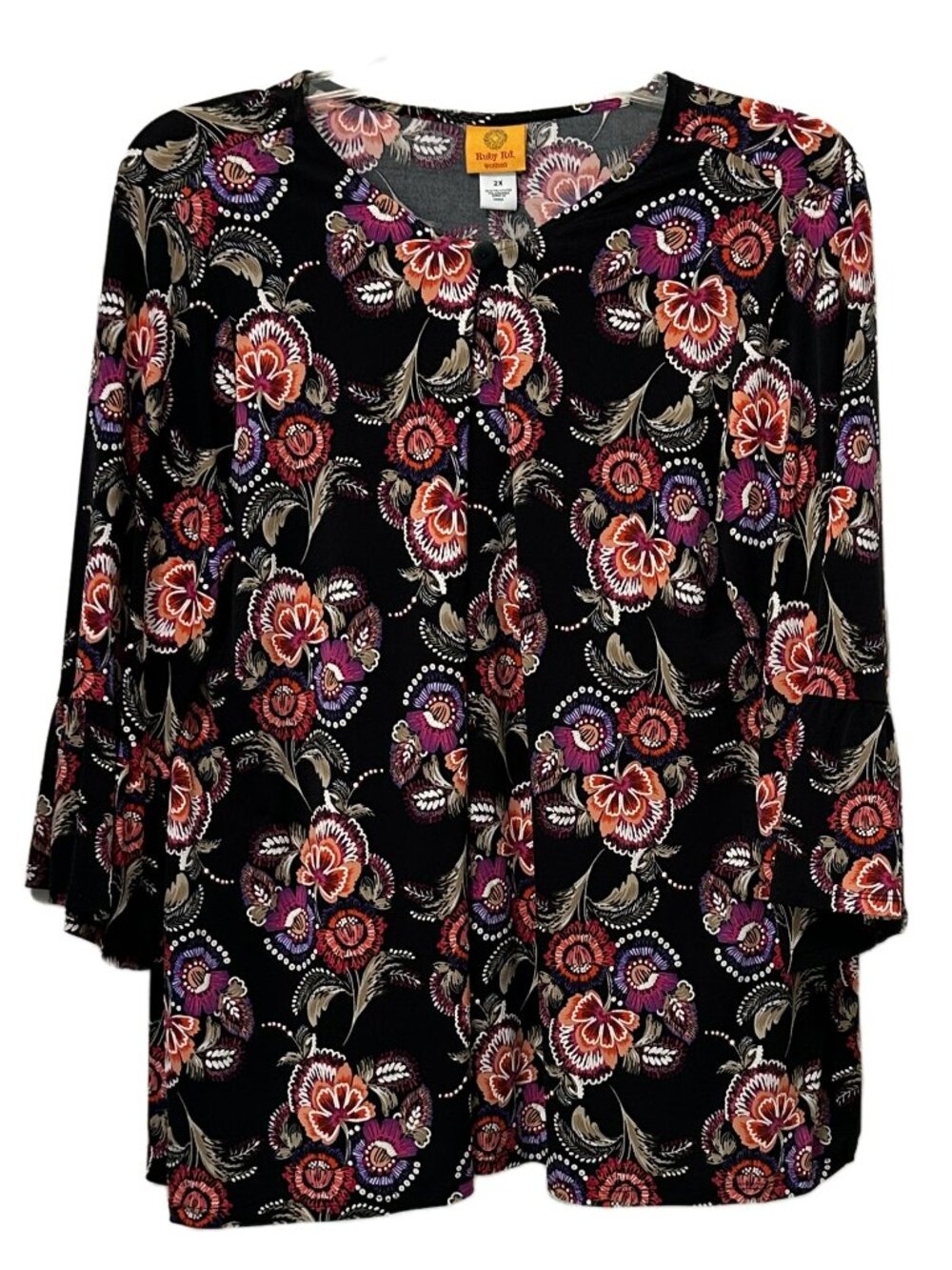 Ruby Rd. Floral Top 3/4 Sleeves Pleat In Front With A Button Blouse Size 2X